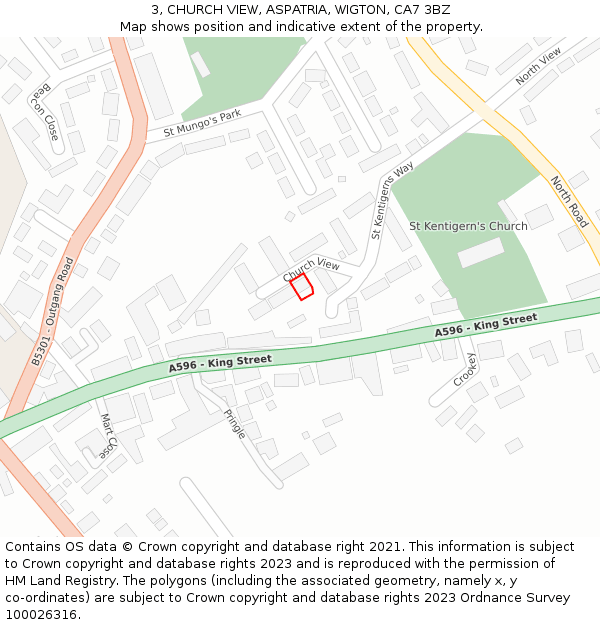 3, CHURCH VIEW, ASPATRIA, WIGTON, CA7 3BZ: Location map and indicative extent of plot