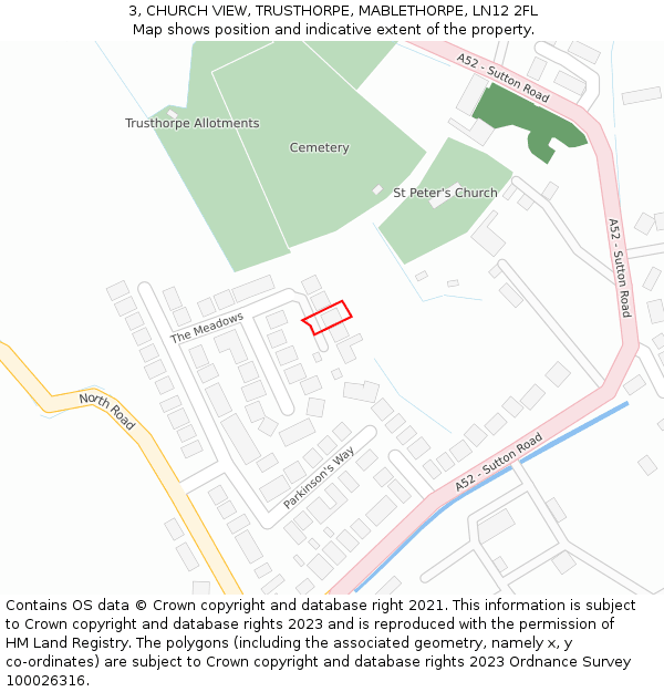 3, CHURCH VIEW, TRUSTHORPE, MABLETHORPE, LN12 2FL: Location map and indicative extent of plot