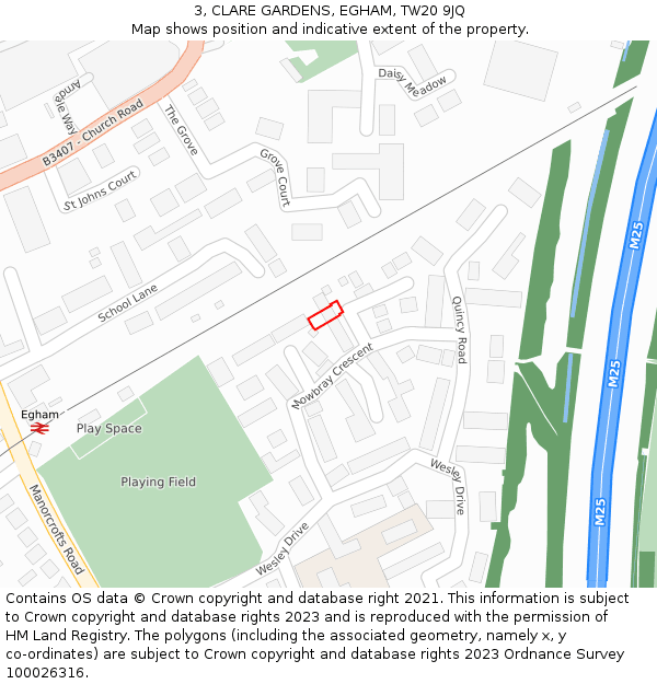 3, CLARE GARDENS, EGHAM, TW20 9JQ: Location map and indicative extent of plot