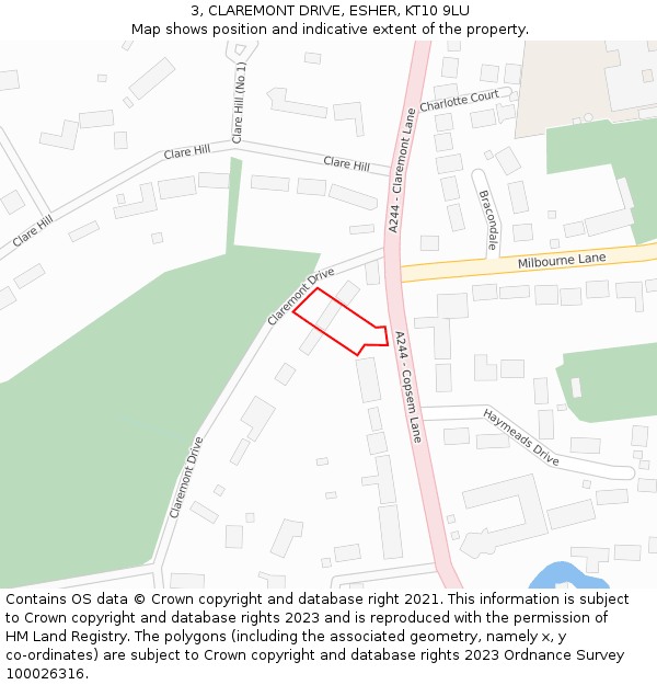 3, CLAREMONT DRIVE, ESHER, KT10 9LU: Location map and indicative extent of plot