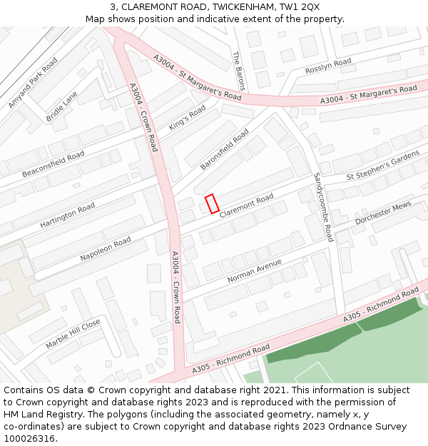 3, CLAREMONT ROAD, TWICKENHAM, TW1 2QX: Location map and indicative extent of plot