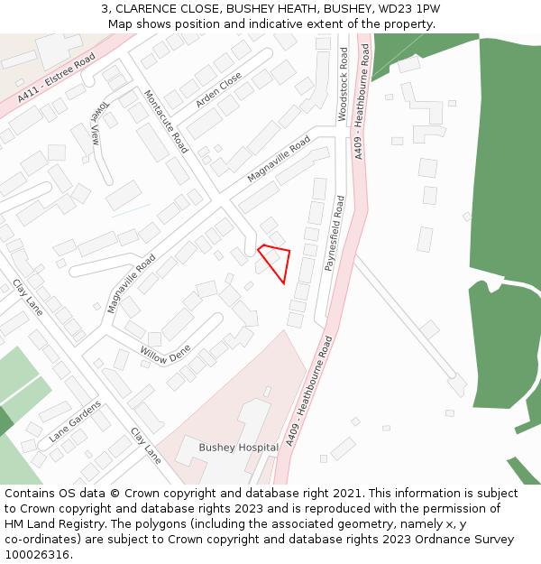 3, CLARENCE CLOSE, BUSHEY HEATH, BUSHEY, WD23 1PW: Location map and indicative extent of plot