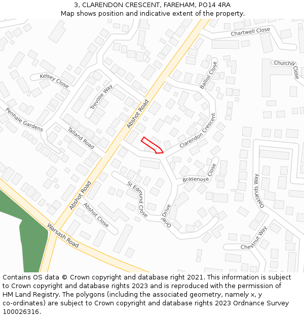 3, CLARENDON CRESCENT, FAREHAM, PO14 4RA: Location map and indicative extent of plot