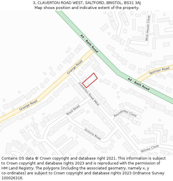 3, CLAVERTON ROAD WEST, SALTFORD, BRISTOL, BS31 3AJ: Location map and indicative extent of plot