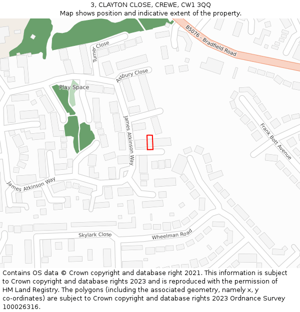 3, CLAYTON CLOSE, CREWE, CW1 3QQ: Location map and indicative extent of plot