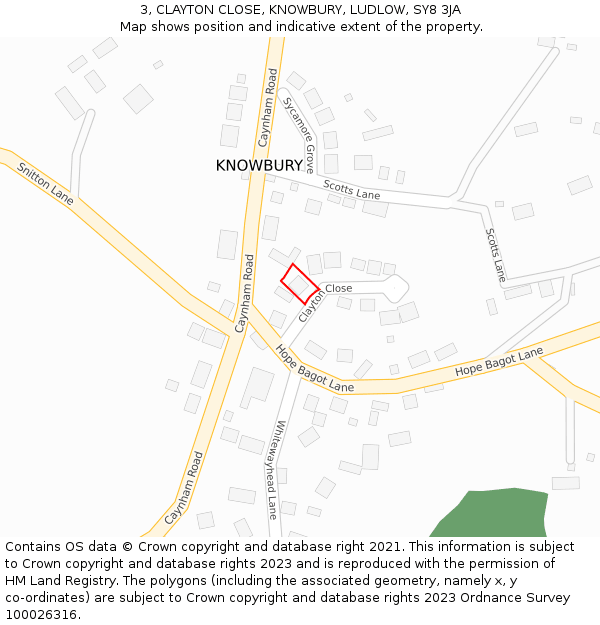 3, CLAYTON CLOSE, KNOWBURY, LUDLOW, SY8 3JA: Location map and indicative extent of plot