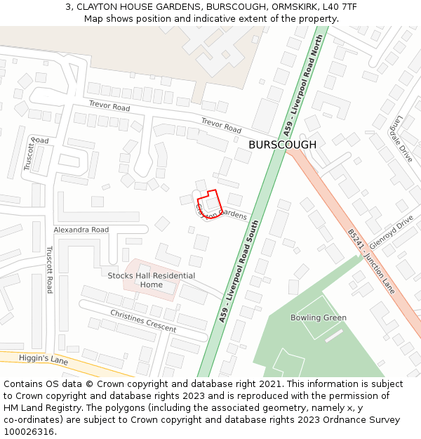3, CLAYTON HOUSE GARDENS, BURSCOUGH, ORMSKIRK, L40 7TF: Location map and indicative extent of plot
