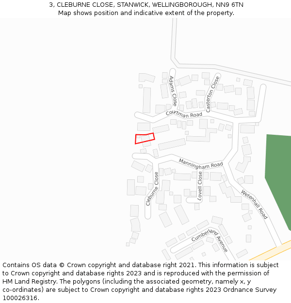 3, CLEBURNE CLOSE, STANWICK, WELLINGBOROUGH, NN9 6TN: Location map and indicative extent of plot