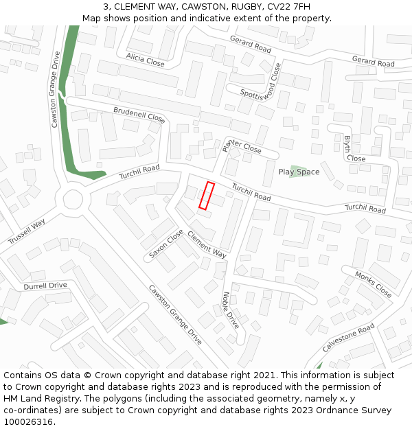 3, CLEMENT WAY, CAWSTON, RUGBY, CV22 7FH: Location map and indicative extent of plot