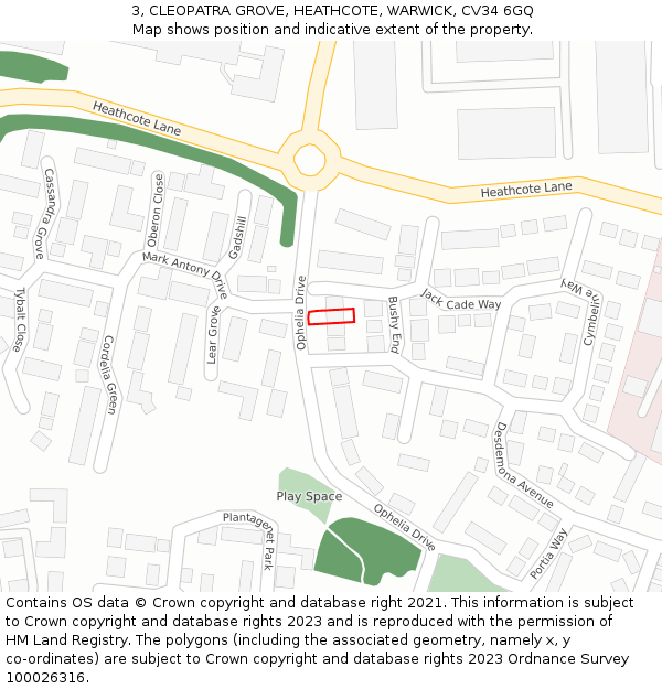 3, CLEOPATRA GROVE, HEATHCOTE, WARWICK, CV34 6GQ: Location map and indicative extent of plot