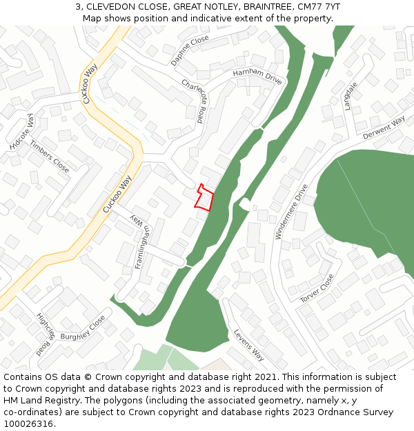 3, CLEVEDON CLOSE, GREAT NOTLEY, BRAINTREE, CM77 7YT: Location map and indicative extent of plot