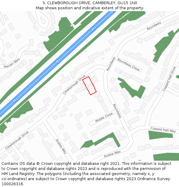 3, CLEWBOROUGH DRIVE, CAMBERLEY, GU15 1NX: Location map and indicative extent of plot