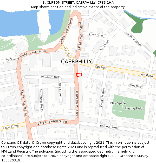 3, CLIFTON STREET, CAERPHILLY, CF83 1HA: Location map and indicative extent of plot