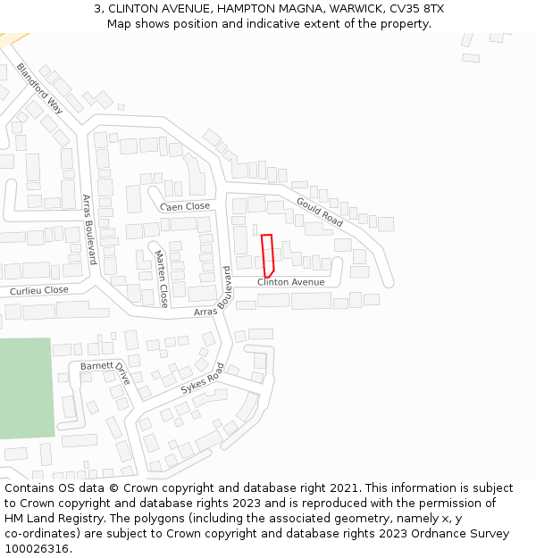 3, CLINTON AVENUE, HAMPTON MAGNA, WARWICK, CV35 8TX: Location map and indicative extent of plot