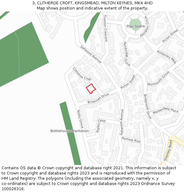 3, CLITHEROE CROFT, KINGSMEAD, MILTON KEYNES, MK4 4HD: Location map and indicative extent of plot