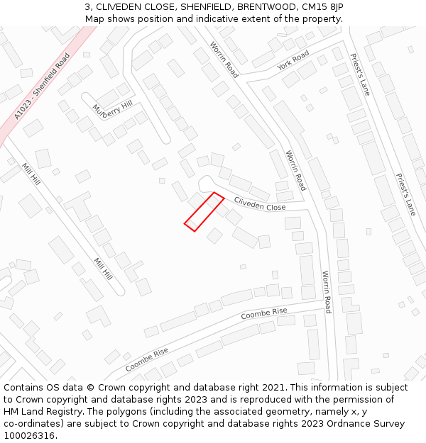 3, CLIVEDEN CLOSE, SHENFIELD, BRENTWOOD, CM15 8JP: Location map and indicative extent of plot