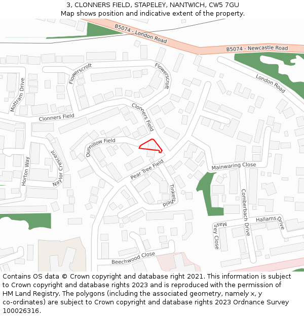 3, CLONNERS FIELD, STAPELEY, NANTWICH, CW5 7GU: Location map and indicative extent of plot