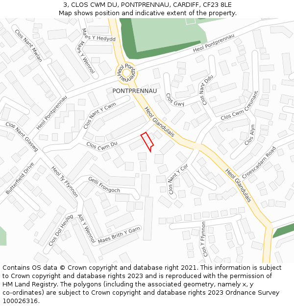 3, CLOS CWM DU, PONTPRENNAU, CARDIFF, CF23 8LE: Location map and indicative extent of plot