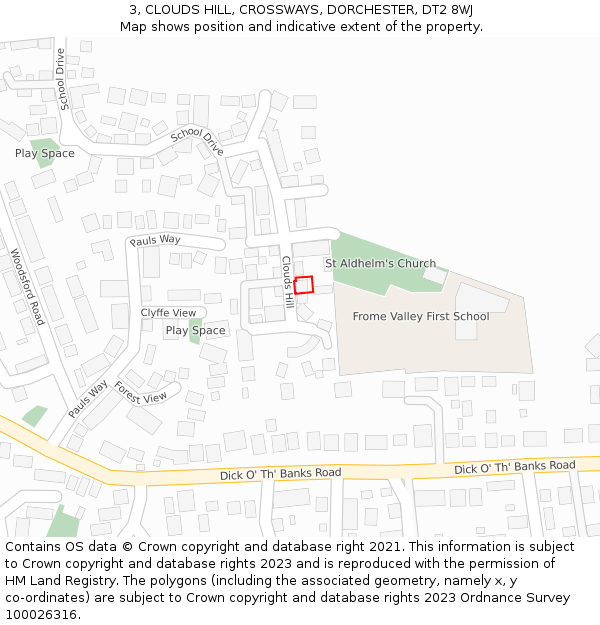 3, CLOUDS HILL, CROSSWAYS, DORCHESTER, DT2 8WJ: Location map and indicative extent of plot