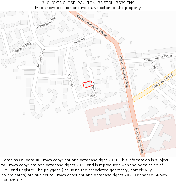 3, CLOVER CLOSE, PAULTON, BRISTOL, BS39 7NS: Location map and indicative extent of plot