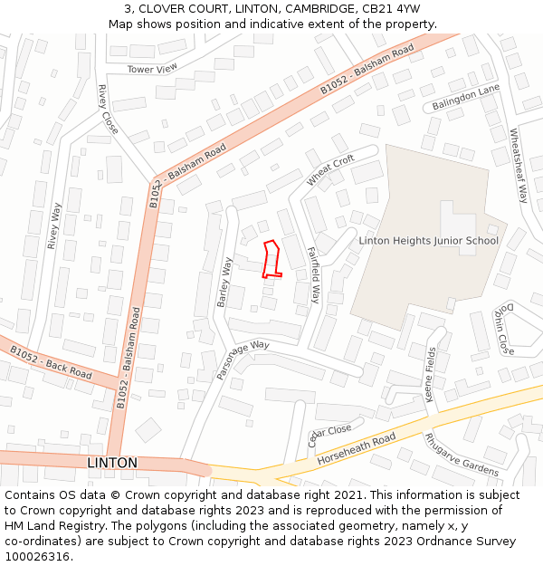 3, CLOVER COURT, LINTON, CAMBRIDGE, CB21 4YW: Location map and indicative extent of plot