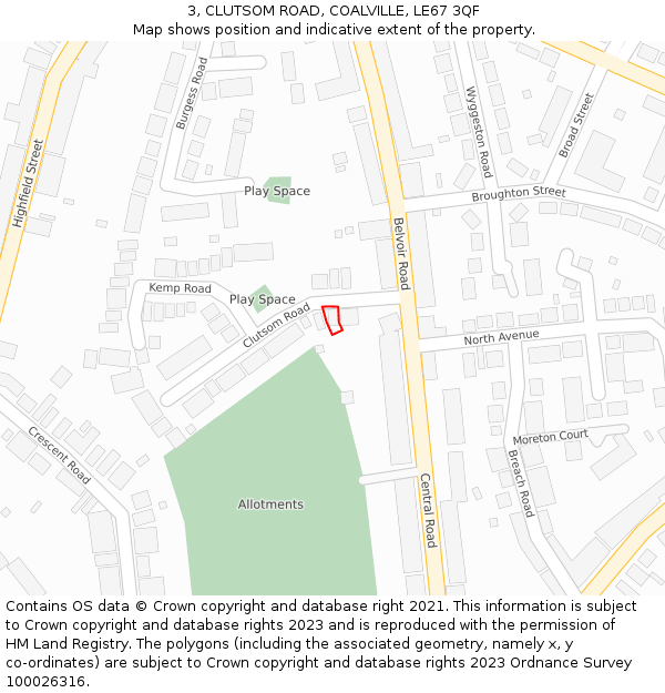 3, CLUTSOM ROAD, COALVILLE, LE67 3QF: Location map and indicative extent of plot