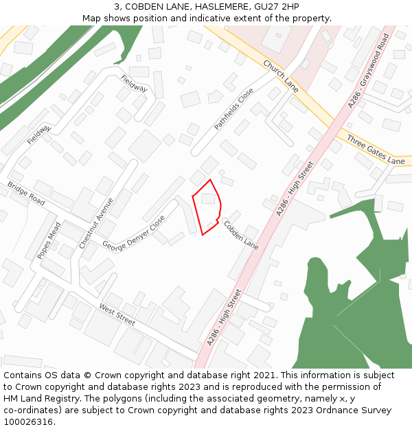 3, COBDEN LANE, HASLEMERE, GU27 2HP: Location map and indicative extent of plot