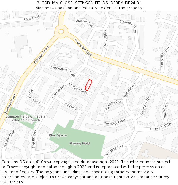 3, COBHAM CLOSE, STENSON FIELDS, DERBY, DE24 3JL: Location map and indicative extent of plot