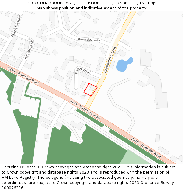 3, COLDHARBOUR LANE, HILDENBOROUGH, TONBRIDGE, TN11 9JS: Location map and indicative extent of plot