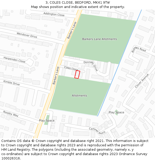 3, COLES CLOSE, BEDFORD, MK41 9TW: Location map and indicative extent of plot