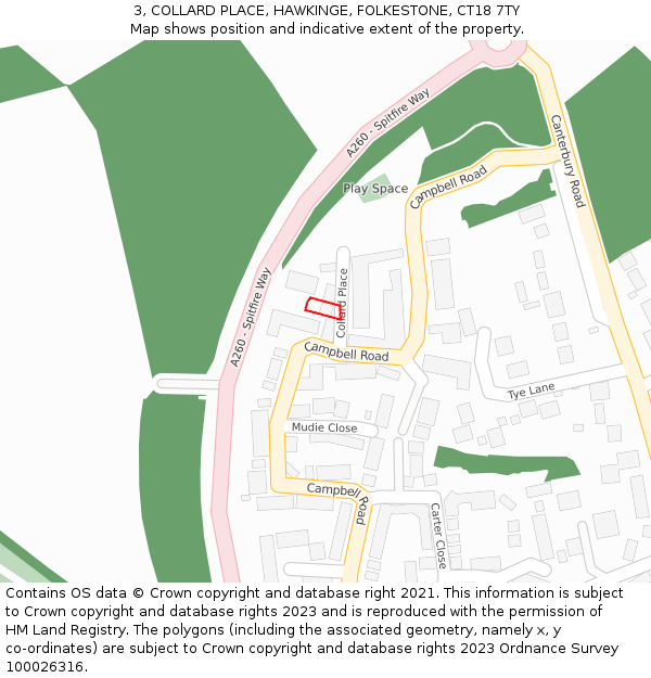 3, COLLARD PLACE, HAWKINGE, FOLKESTONE, CT18 7TY: Location map and indicative extent of plot