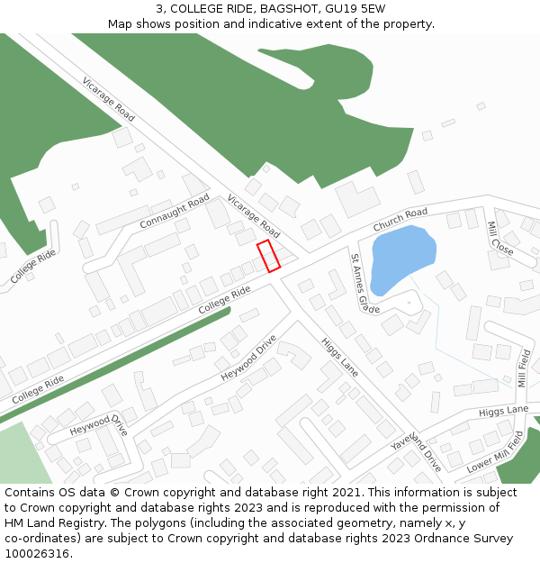 3, COLLEGE RIDE, BAGSHOT, GU19 5EW: Location map and indicative extent of plot