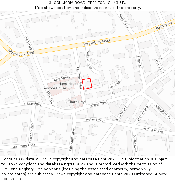 3, COLUMBIA ROAD, PRENTON, CH43 6TU: Location map and indicative extent of plot