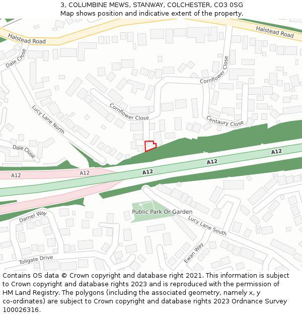 3, COLUMBINE MEWS, STANWAY, COLCHESTER, CO3 0SG: Location map and indicative extent of plot