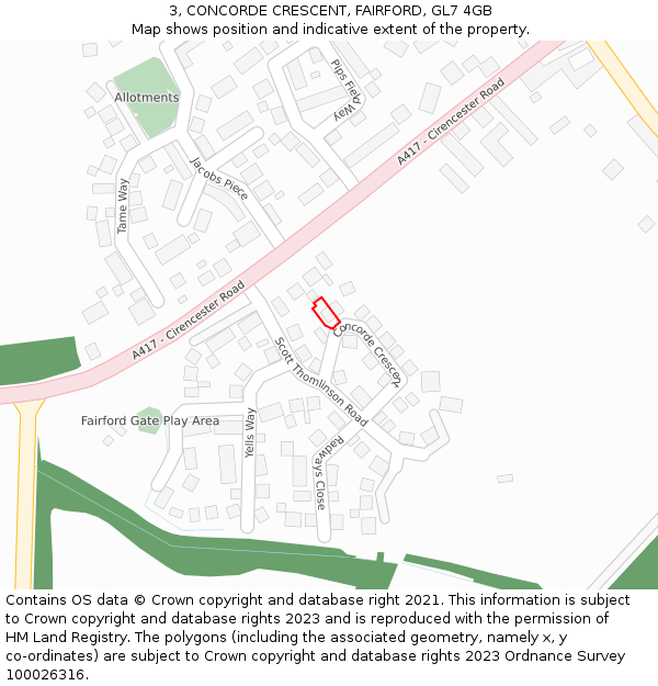 3, CONCORDE CRESCENT, FAIRFORD, GL7 4GB: Location map and indicative extent of plot