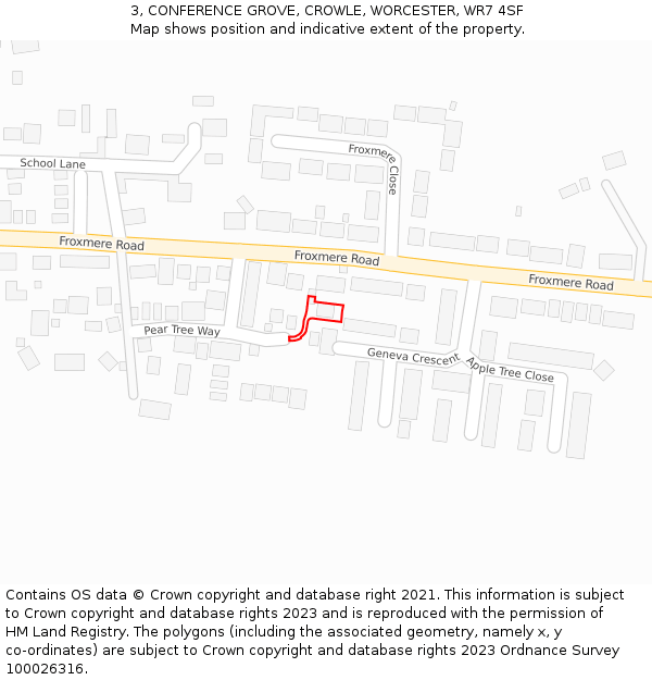 3, CONFERENCE GROVE, CROWLE, WORCESTER, WR7 4SF: Location map and indicative extent of plot