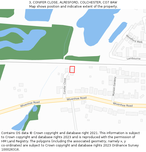 3, CONIFER CLOSE, ALRESFORD, COLCHESTER, CO7 8AW: Location map and indicative extent of plot