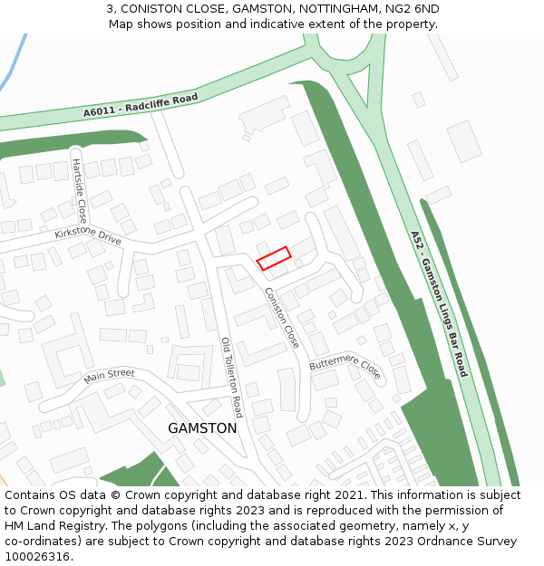 3, CONISTON CLOSE, GAMSTON, NOTTINGHAM, NG2 6ND: Location map and indicative extent of plot