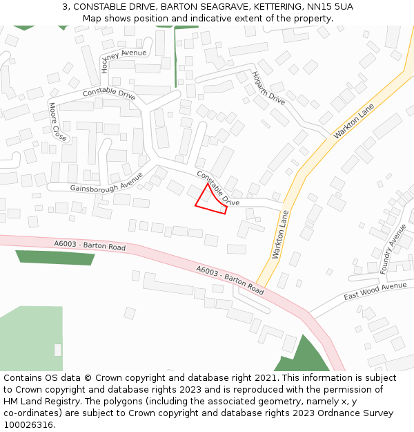 3, CONSTABLE DRIVE, BARTON SEAGRAVE, KETTERING, NN15 5UA: Location map and indicative extent of plot