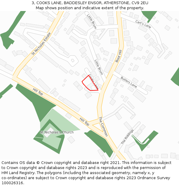 3, COOKS LANE, BADDESLEY ENSOR, ATHERSTONE, CV9 2EU: Location map and indicative extent of plot