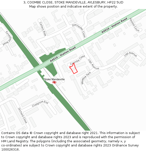 3, COOMBE CLOSE, STOKE MANDEVILLE, AYLESBURY, HP22 5UD: Location map and indicative extent of plot