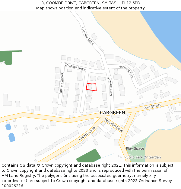 3, COOMBE DRIVE, CARGREEN, SALTASH, PL12 6PD: Location map and indicative extent of plot