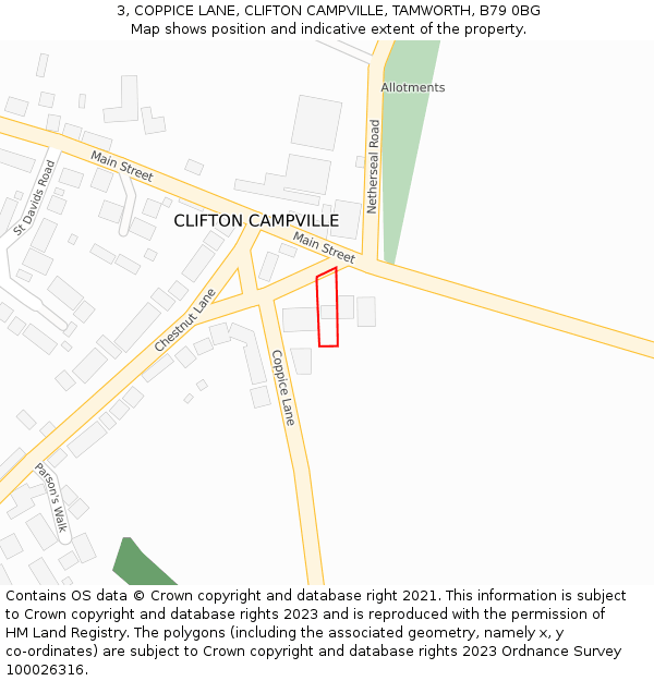 3, COPPICE LANE, CLIFTON CAMPVILLE, TAMWORTH, B79 0BG: Location map and indicative extent of plot