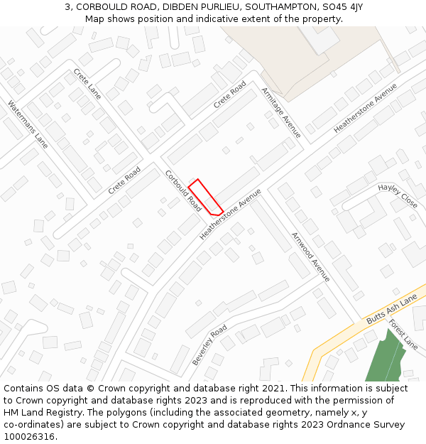 3, CORBOULD ROAD, DIBDEN PURLIEU, SOUTHAMPTON, SO45 4JY: Location map and indicative extent of plot
