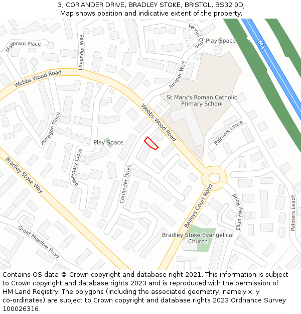 3, CORIANDER DRIVE, BRADLEY STOKE, BRISTOL, BS32 0DJ: Location map and indicative extent of plot