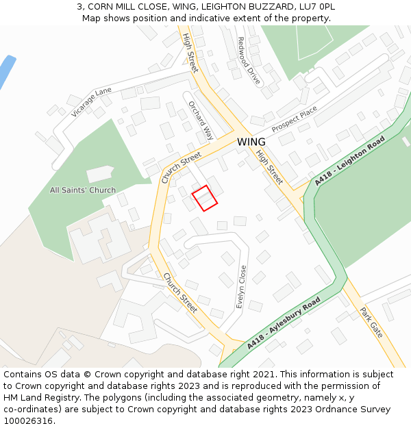 3, CORN MILL CLOSE, WING, LEIGHTON BUZZARD, LU7 0PL: Location map and indicative extent of plot