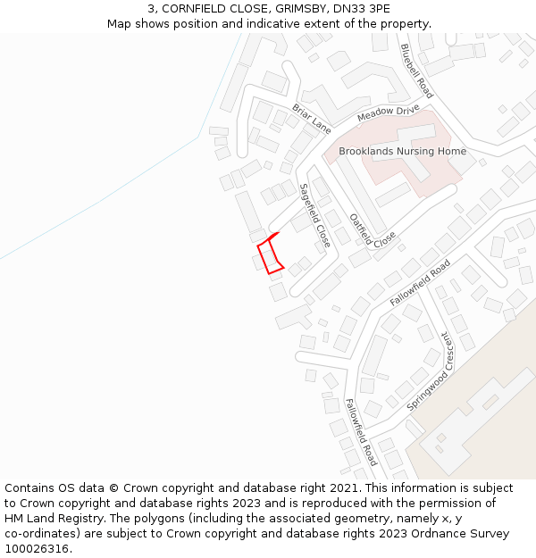 3, CORNFIELD CLOSE, GRIMSBY, DN33 3PE: Location map and indicative extent of plot