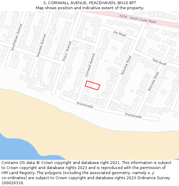 3, CORNWALL AVENUE, PEACEHAVEN, BN10 8PT: Location map and indicative extent of plot