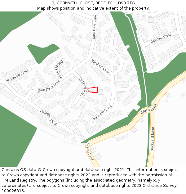 3, CORNWELL CLOSE, REDDITCH, B98 7TG: Location map and indicative extent of plot