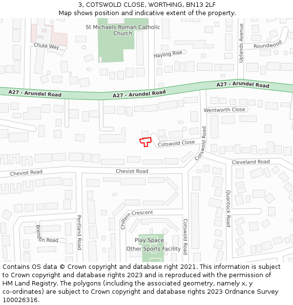 3, COTSWOLD CLOSE, WORTHING, BN13 2LF: Location map and indicative extent of plot